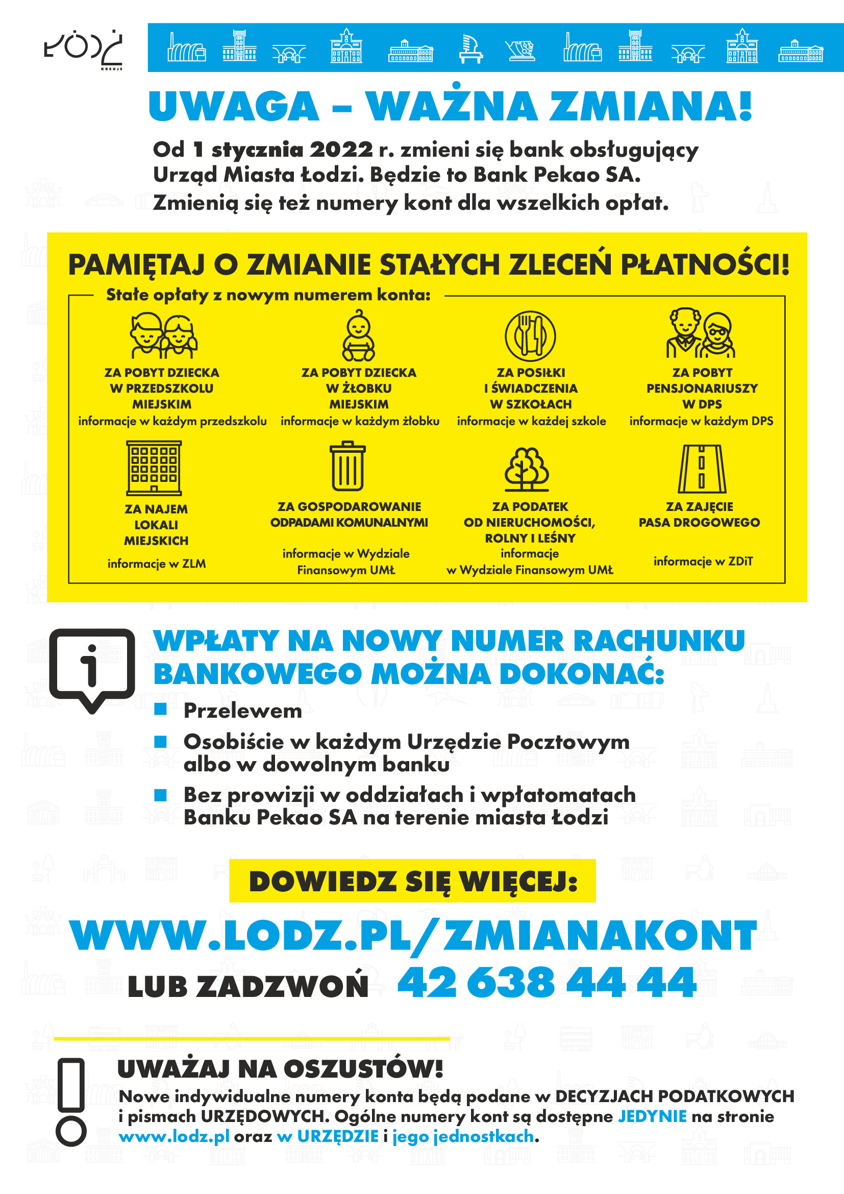 Informacja z Urzędu Miasta Łódź dotycząca zmiany konta oraz obsługi nowego banku