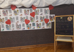 Zdjęcie przedstawiające prace dzieci z grupy pomarańczowej o tematyce niepełnosprawności obok prac tablica z napisem 3 grudnia Międzynarodowy Dzień Osób Niepełnosprawnych