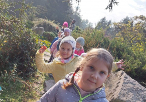Na zdjęciu dzieci z grupy czerwonej podczas spaceru po Ogrodzie Botanicznym dzieci idą jedno za drugim pierwsza jest dziewczynka