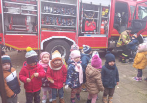 Dzieci ustawione wsą rząd, w tle widnieje wóz strażacki, do którego wsadzany jest przez strażaka chłopiec.