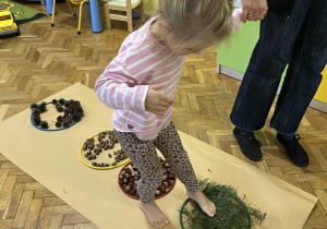 Na zdjęciu dziewczynka idący przez ścieżkę sensoryczną wykonaną z kasztanów, żołędzi i materiałów naturalnych