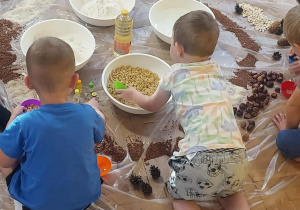 Na zdjęciu kilkoro dzieci podczas zajęć sensoplastycznych dzieci bawią się materiałami spożywczymi