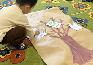 Na zdjęciu chłopiec przyklejający obrazek ekologiczny do namalowanego drzewa