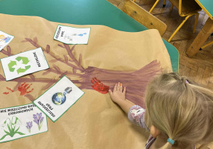 Na zdjęciu dziewczynka odciskająca rączkę na kontrakcie ekologicznym w kształcie drzewa