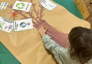 Na zdjęciu dziewczynka odciskająca rączkę na kontrakcie ekologicznym w kształcie drzewa